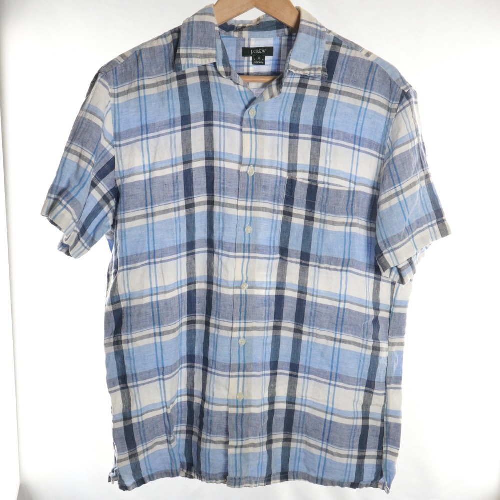 J.CREW Shirt Mens M Blue Plaid Linen Short Sleeve Button-Up Casual Summer